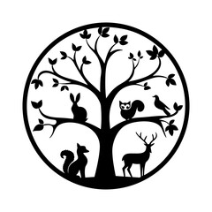 Circular Tree of Life with Forest Animals Silhouette Design