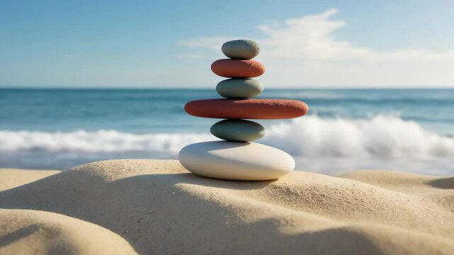 Harmony and Balance Concept: Ocean-Balanced Stones Depicting Zen Rock Art as Scales