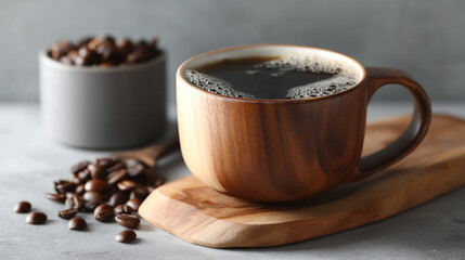 Fototapeta premium A wooden mug of black coffee with beans on a wooden board and in a gray container on a gray surface