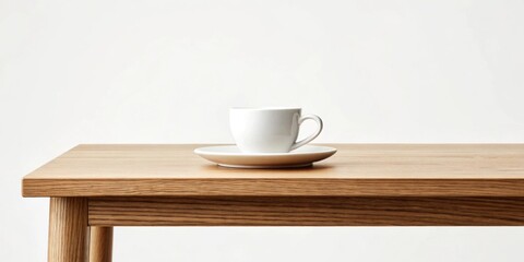 Fototapeta premium Simple white cup on a wooden table with a saucer, set against a neutral background.