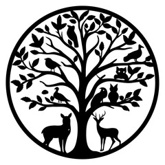 Circular Tree of Life with Birds Animals and Leaves Detailed Illustration