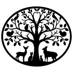 Circular Tree of Life with Birds Deer and Cats Silhouette Design