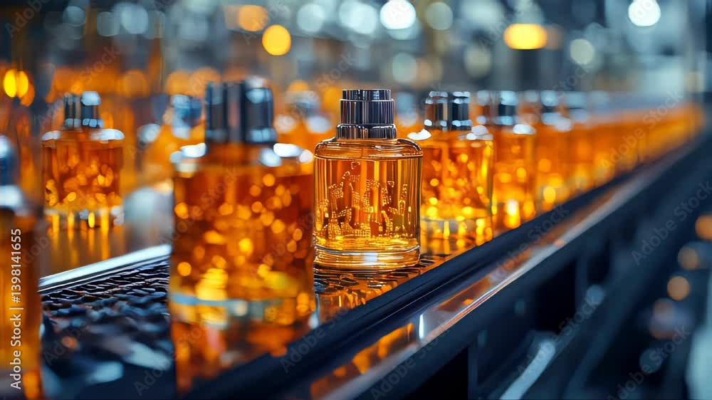 Poster close-up of elegant perfume bottles arranged in a row on a modern factory conveyor line, showcasing 
