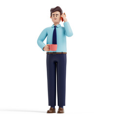 Man in business attire on call, holding a cup, symbolizing busy professional life. 3D rendering, conceptual image. Isolated on white background.