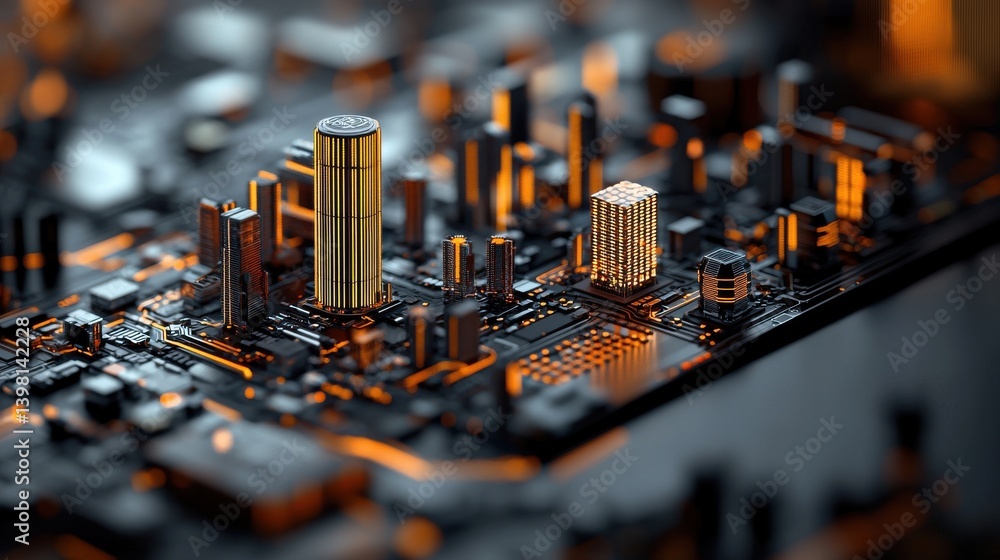 Poster detailed view of a complex computer circuit board featuring a miniature cityscape representing the p