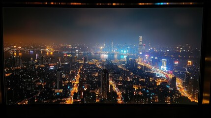 A beautiful aerial view of a brightly lit cityscape at night