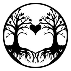 Two Trees of Love Entwined Roots Circle Heart Design Romantic Art