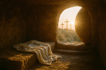 Empty Tomb with Crosses at Sunrise