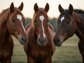 Majestic Horses Portrait in Golden Hour  Chestnut & Dark Brown Coats, Photorealistic Close-Up