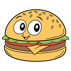 Smiling Cartoon Burger with Cheese, Lettuce, and Tomato on White Background