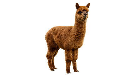 Brown alpaca standing on transparent background, full body image