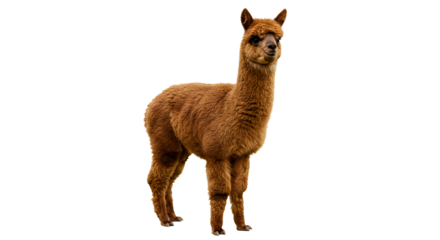 Brown alpaca standing on transparent background, full body image