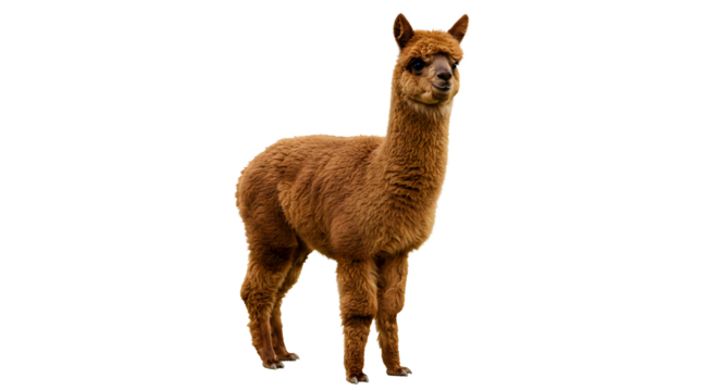 Brown alpaca standing on transparent background, full body image