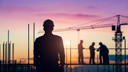 Construction Worker Silhouetted at Sunset Overlooking Building Site Engineering Project