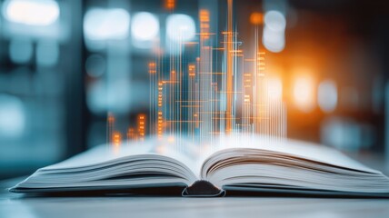 Account and asset efficiency. Open book with digital data graphics, symbolizing knowledge and technology fusion.