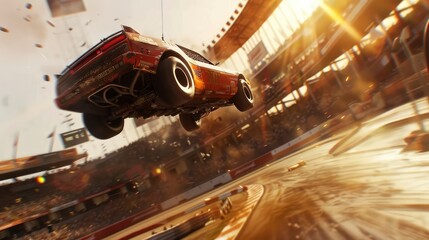 A high-speed race car jumps over the track during an intense motorsport event at a stadium, capturing a thrilling moment with spectators in the background