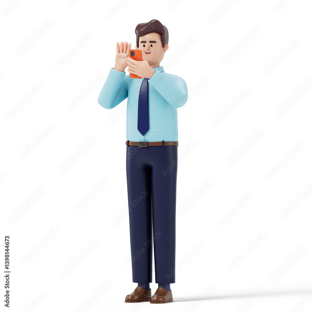 Poster man taking selfie, symbolizing self-promotion and digital connectivity. 3d rendering, conceptual ima