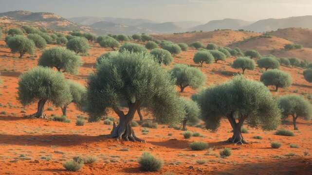 Vast orange orchards extending into the agricultural area known for its abundance of citrus trees thriving in the Mediterranean's rich red soil and warm climate.