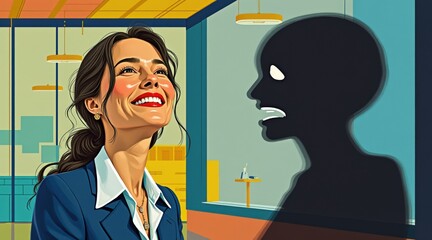 Smiling depression smiling face of loneliness concept. A woman smiles in an office, contrasting her bright demeanor with a dark shadow figure that appears to be speaking.