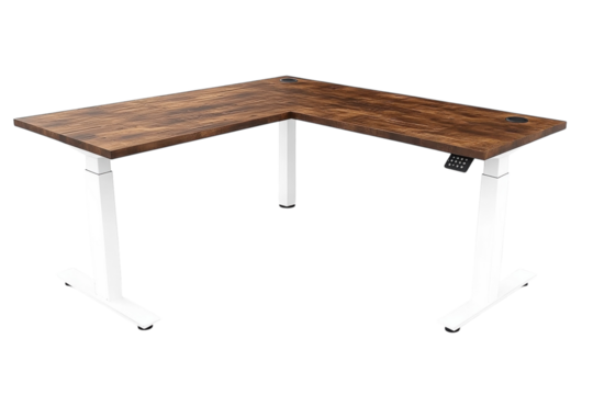 A modern L-shaped standing desk, perfect for a productive workspace, boasting a rich dark wood top and sleek white legs, ideal for enhancing home or office style.