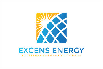 Excens Energy Logo: Blue and Yellow Solar Panel Design