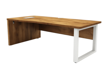 A modern, rustic wooden office desk with a sleek white frame, perfect for a minimalist workspace or home office, showcasing a blend of natural warmth and contemporary design.