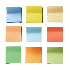 Colorful set of sticky notes arranged neatly on a surface displaying a variety of bright colors for organization isolated on transparent background..