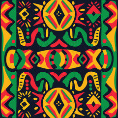 African geometric seamless pattern in red, yellow, green colors with checkered tiles of pieces of colored ceramics. Ornate for printing, wrapping and packaging. Vector isolated on black background