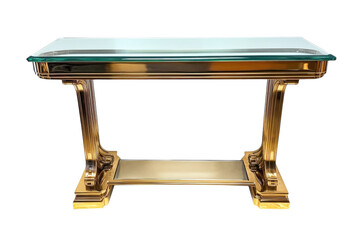 A regal, gleaming brass console table, a statement piece with a glass top, showcasing elegant, fluted columns and a subtle, sophisticated sheen.