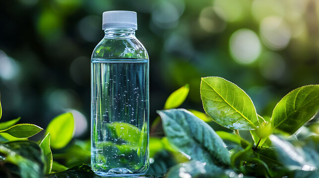 clear biodegradable water bottle with white cap is placed among vibrant green leaves, symbolizing eco friendly and sustainable alternatives to traditional plastic bottles