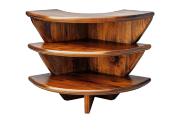 A rich, dark wood corner shelf, tiered and curved, offering stylish storage in any room, showcasing elegant craftsmanship and a warm, inviting aesthetic.