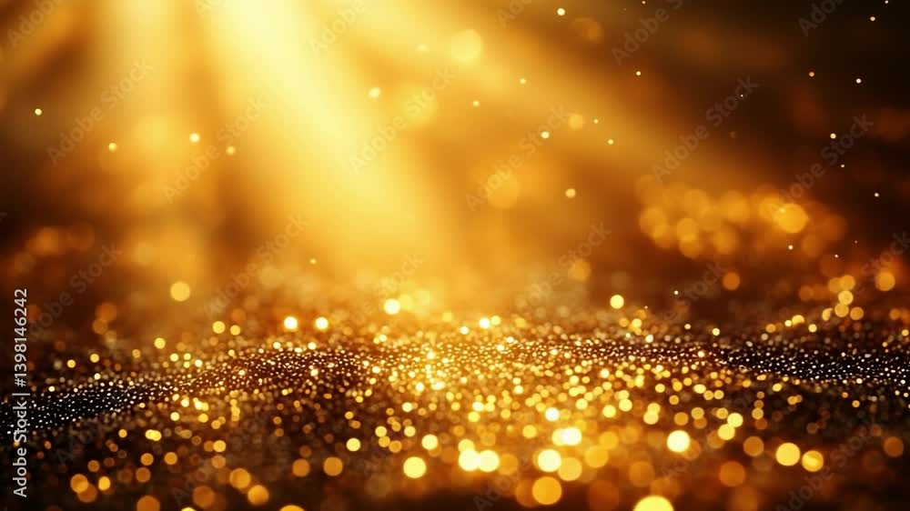 Poster golden sparkles create a warm atmosphere. soft golden light shines through, illuminating shimmering 