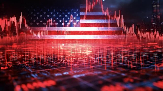 U.S. financial market trends. Financial graphs and charts are illuminated in red with the American flag creating a dramatic background at night. - Powered by Adobe
