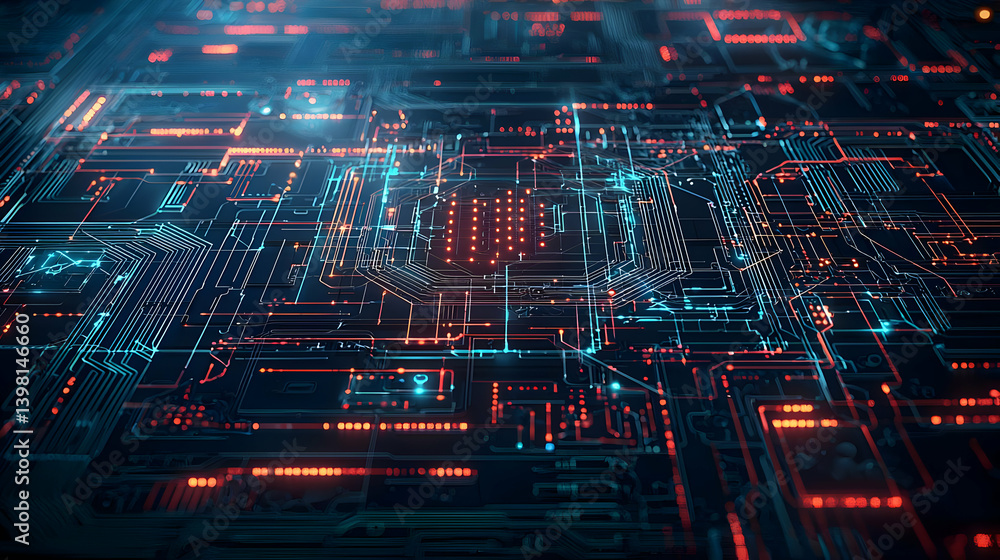Poster abstract circuit board design with glowing lines and dots
