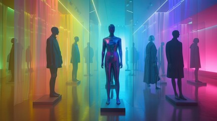 Futuristic fashion exhibit featuring colorful mannequins in a vibrant, illuminated gallery space