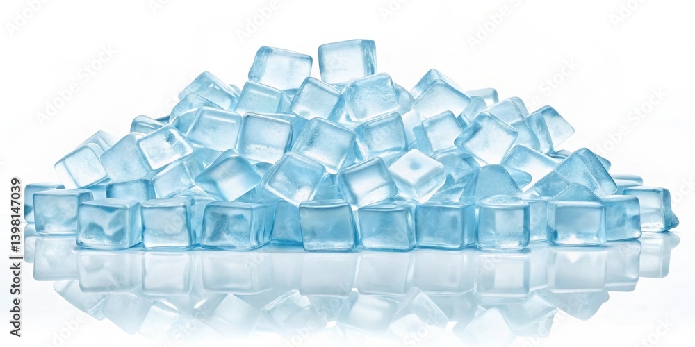 Poster piled ice cubes with a reflective surface creating a cool and refreshing aesthetic.