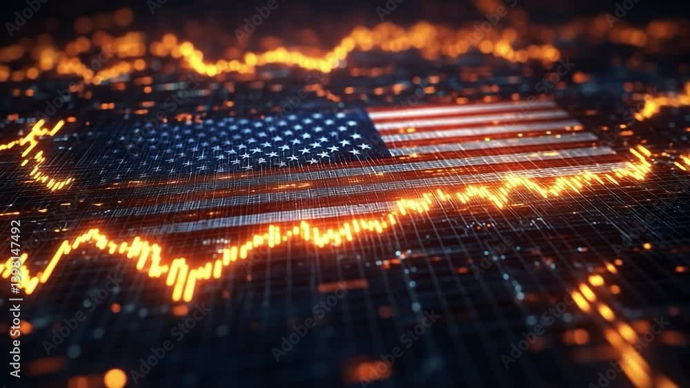 Poster digital us flag abstract art. digital art of the american flag blended with glowing data patterns, s