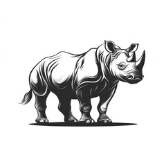 Obraz premium Rhino illustration, monochrome, safari, wildlife, design, graphic, animal, white background, logo, print