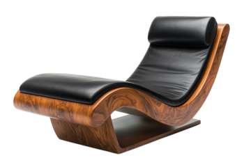 A sleek, curved chaise lounge inviting ultimate relaxation, crafted from rich, dark wood and luxurious black leather, offering a modern sanctuary of comfort.