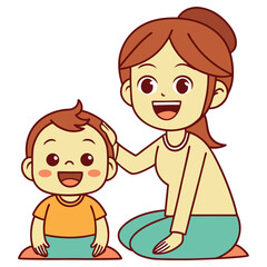 Smiling Cartoon Mother Gently Touches Baby's Head on Isolated White Background