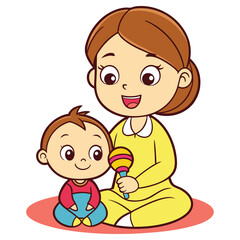 Cartoon Mom and Baby Sitting on Mat Playing with Rattle Isolated on White