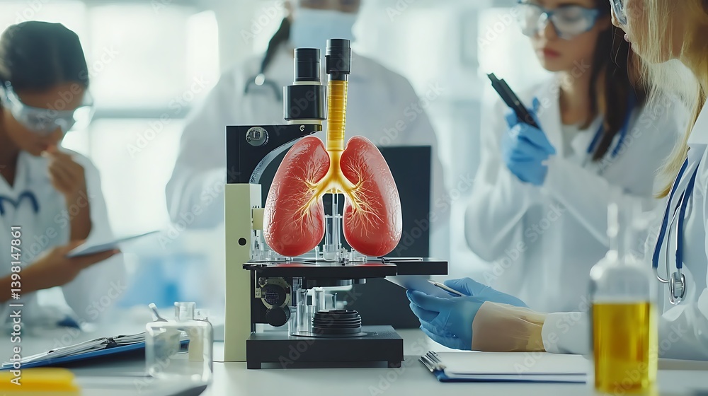 Poster group of medical experts standing around a lungs model in a high-tech lab trying to understand lung 