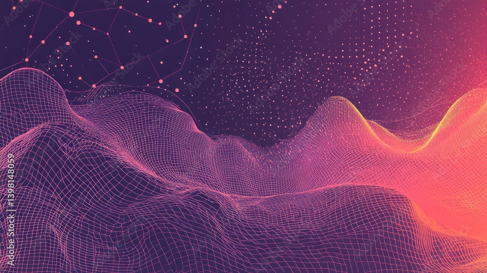 Poster abstract digital landscape: a mesmerizing wireframe terrain with gradient colors and celestial eleme