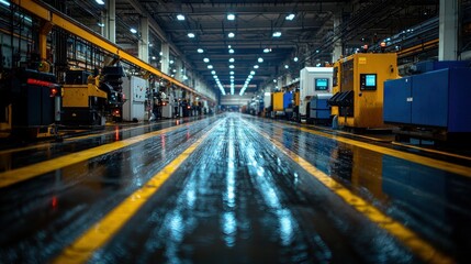Industrial Factory Interior: Wet Floor, Machinery, and Lights
