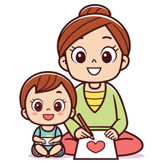 Cartoon Woman Drawing Heart with Baby on White Background Flat