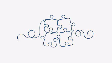 Puzzle pieces set isolated. Vector illustration. Jigsaw puzzle game. Four fragments are connected. Problem solution, working in a team concept. Infographic template. One continuous line.
