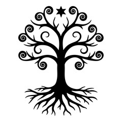 Obraz premium Symbolic Black and White Tree of Life with Spiral Branches and Roots