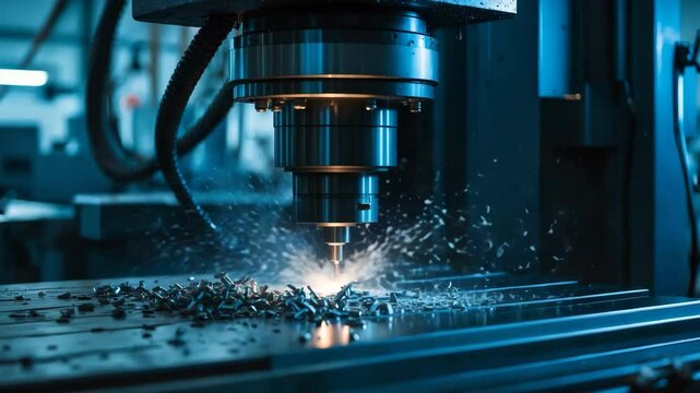 CNC milling equipment for metalworking. Advanced technology for metal cutting processes. Milling techniques in metalworking. Vertical milling machine for high-precision industrial CNC machining.