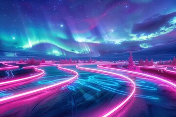 Vibrant night landscape with glowing pink paths under colorful auroras and starry sky in winter