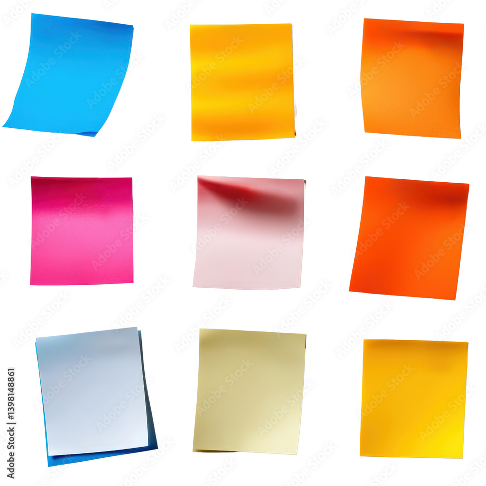 Poster a colorful collection of sticky notes in various sizes and shapes arranged on a desk for organizatio